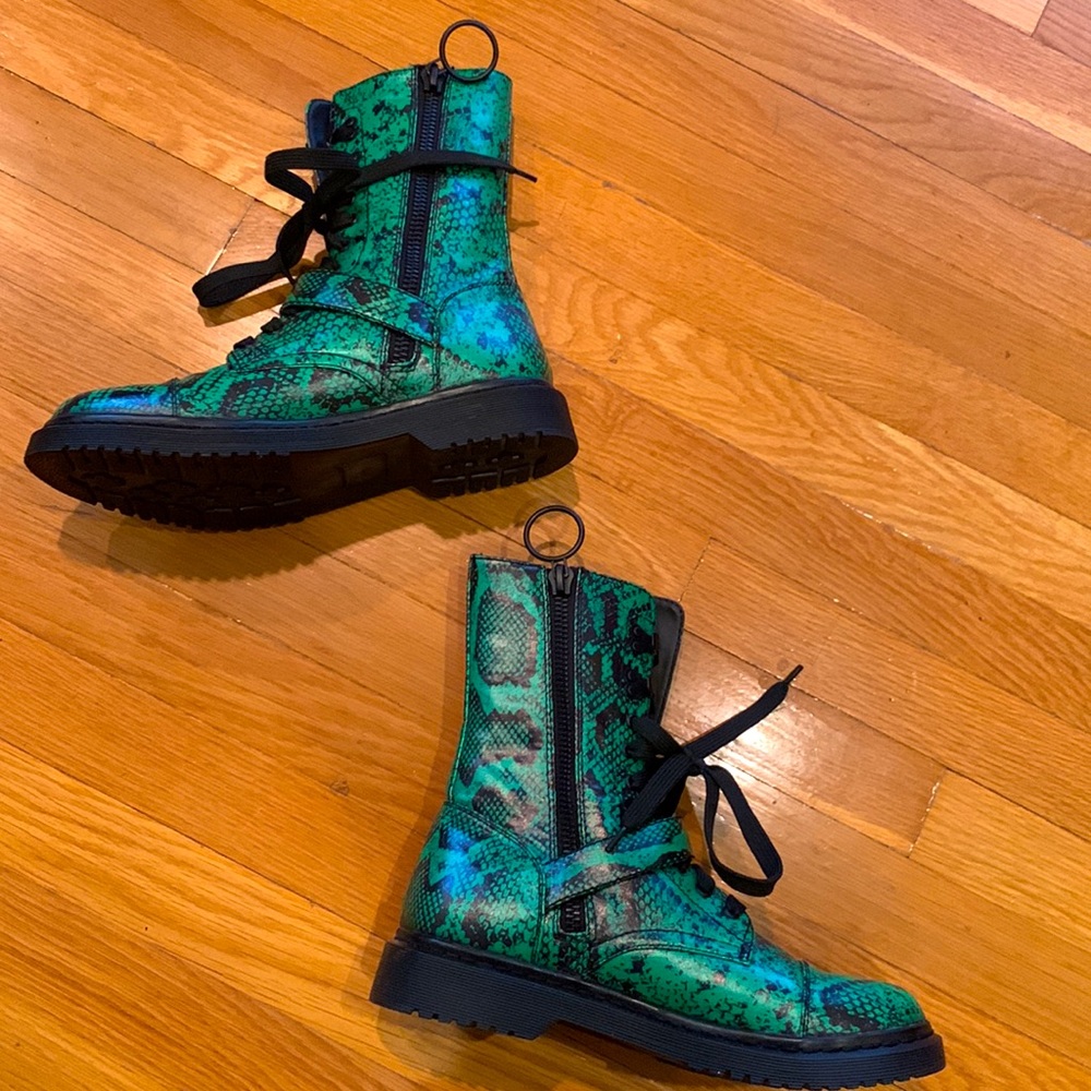 Current Mood Clothing Green Combat Boots Snakeskin Biker Moto Shoes Dolls Kill - Picture 3 of 13